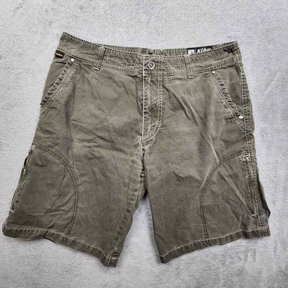 Kuhl Mens 34 Green Utility Shorts Vintage Patina Dye Cotton Nylon Outdoor Wear